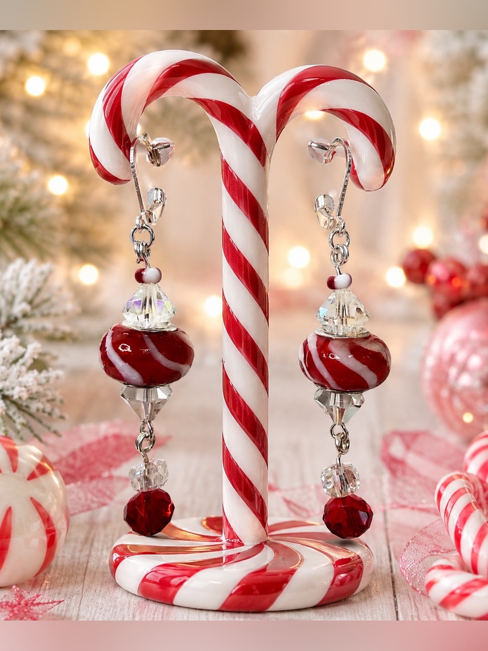 Art Glass Handmade Red and Silver Dangle Earrings